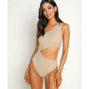 Beach Riot Womens Gold Shimmer One-Shoulder Cutout One-Piece Swimsuit Medium NWO